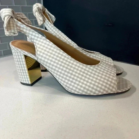 J Renee Tan Gingham Print Slingback Heels Size 10 - Picture 1 of 6